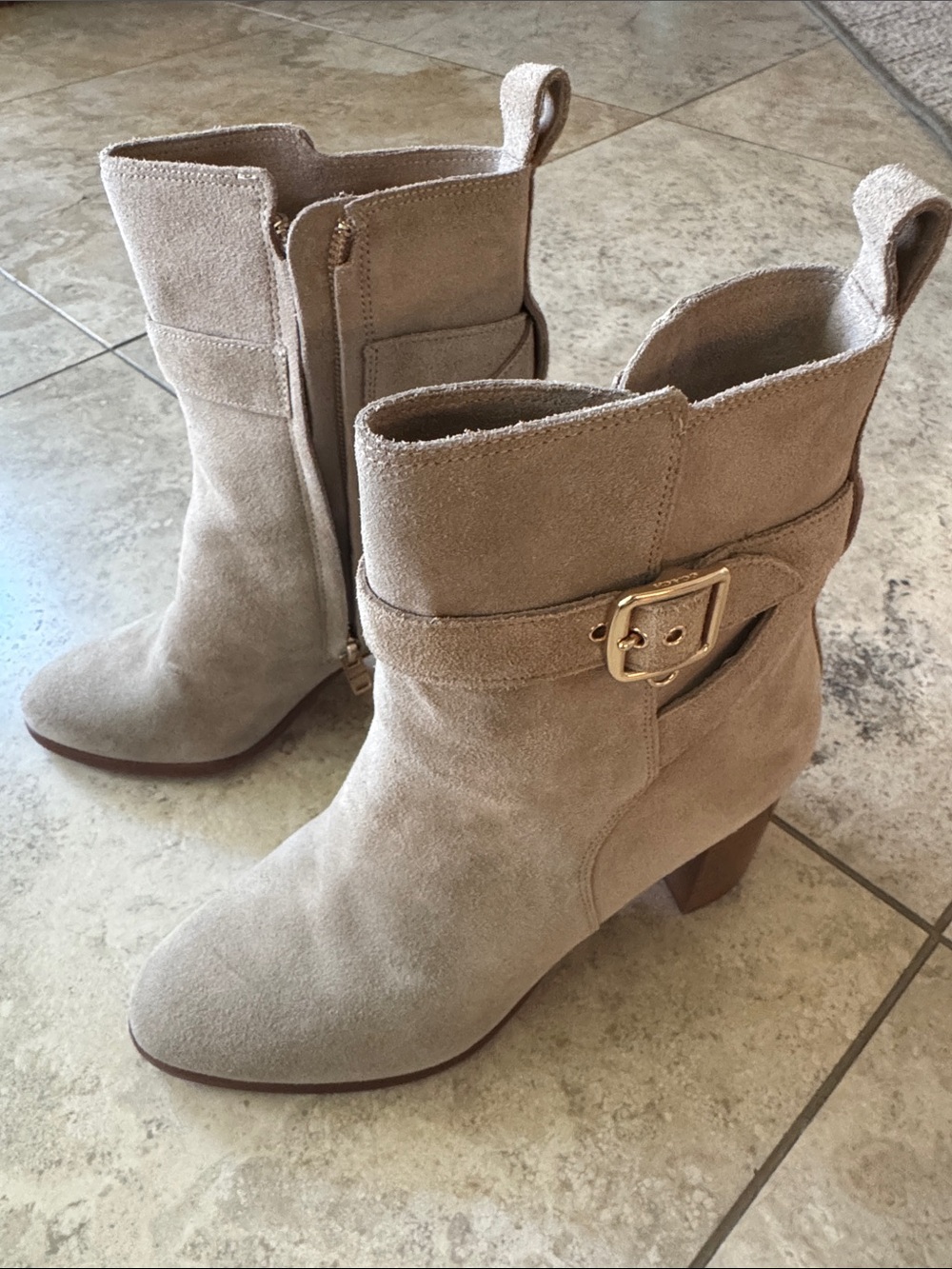 Coach Suede Ankle Boots with Gold Buckle - Taupe size 7. Like new with tags